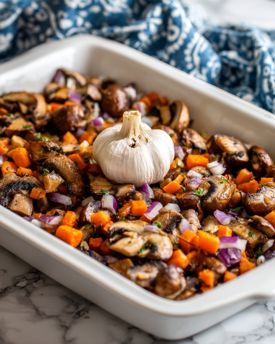 A white rectangular dish filled with a mix of sliced brown mushrooms, small diced orange carrot pieces, and finely chopped purple onions spread evenly across the dish. In the center, there is a whole bulb of garlic with the top cut open to show the cloves inside. The mushrooms have a light brown and creamy color with some dark gills visible. The dish sits on a surface with a white marbled texture, and a blue patterned cloth is blurred in the background. Photo taken with an iphone --ar 4:5 --v 7