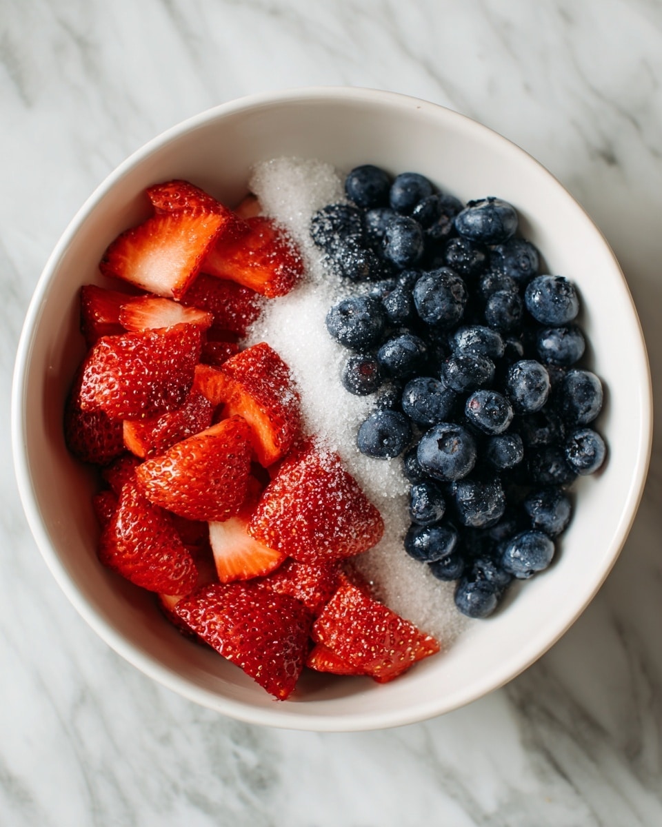 A white bowl holds two main layers of fresh fruit: on the left side, bright red sliced strawberries with a textured surface, and on the right side, a cluster of smooth, dark blue blueberries. A line of white granulated sugar is sprinkled in the middle, separating the strawberries and blueberries. The bowl sits on a white marbled surface with some wrapped Hostess snacks partially visible around the edges. Photo taken with an iphone --ar 4:5 --v 7