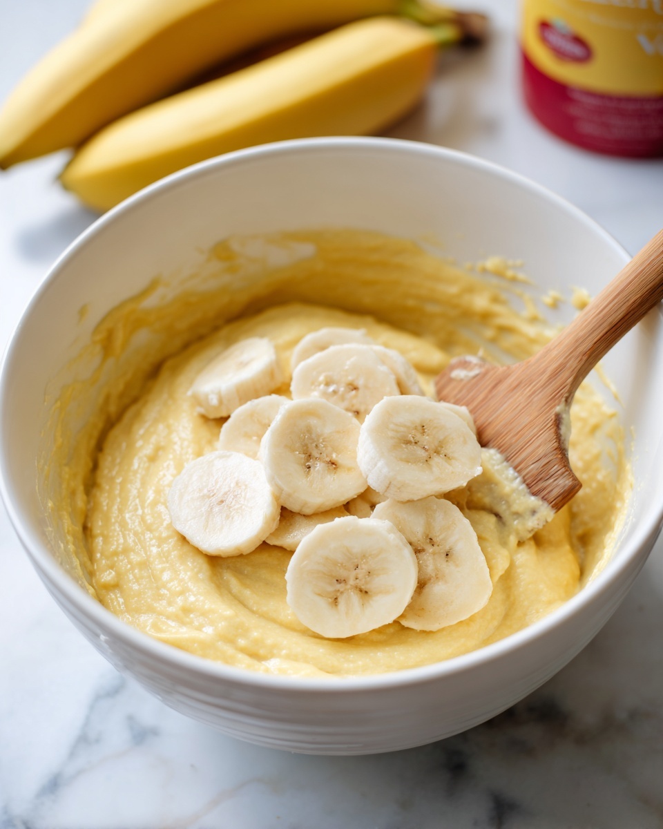 A white bowl holds thick, smooth, yellow batter with a wooden spatula resting inside on the right side. On top of the batter, there are many slices of banana stacked unevenly, showing their soft, pale yellow color with light brown spots in the middle. The bowl is placed on a white marbled surface, with parts of a yellow banana bunch and a red and yellow vanilla container blurred in the background. Photo taken with an iphone --ar 4:5 --v 7