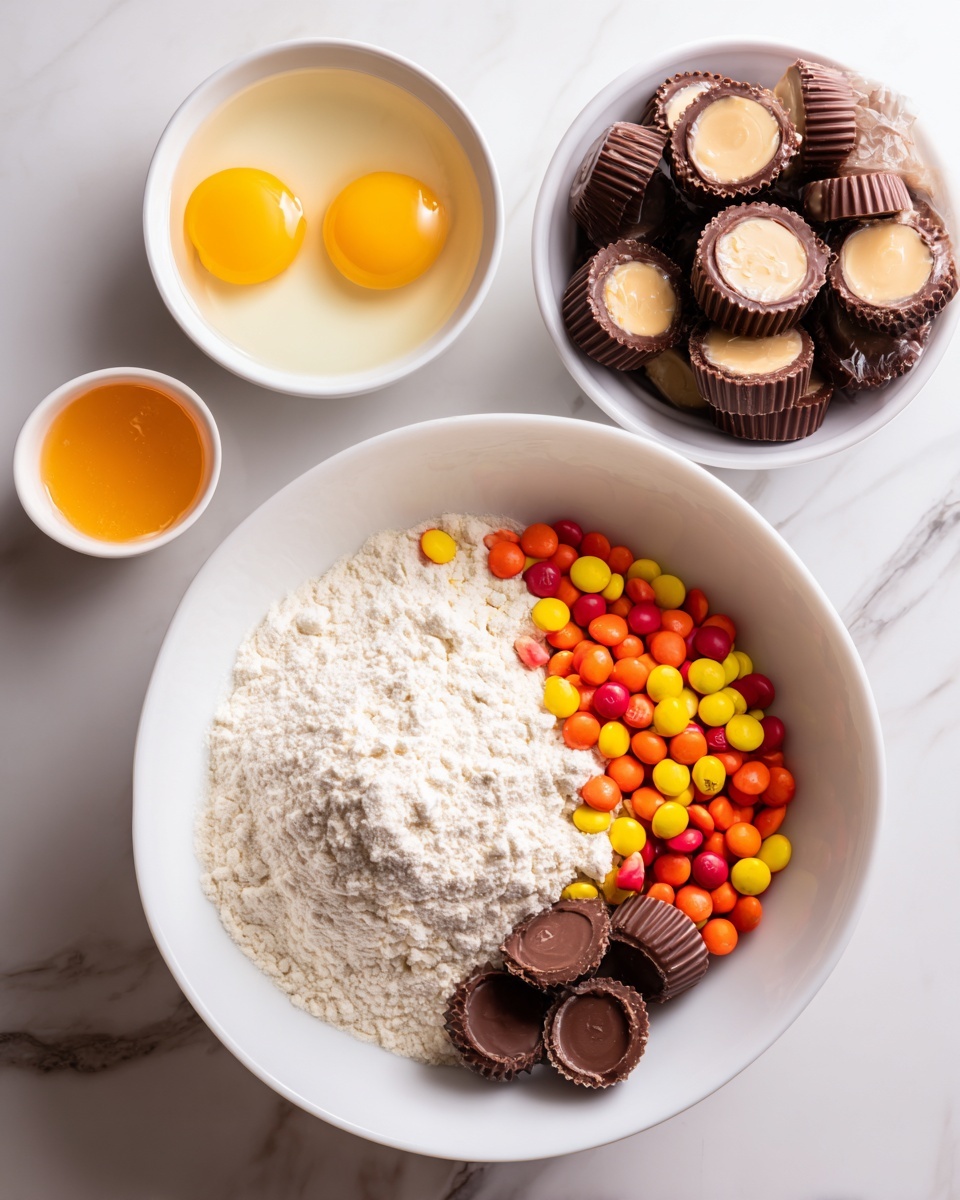 A stack of square cookie bars sits on a white ridged plate, each bar light golden brown with chunks of chocolate and bright red, yellow, and orange candy pieces embedded on top and inside. Some bars lean on others, showing their soft, thick texture. Surrounding the plate on a white marbled surface are scattered colorful candy pieces and small foil-wrapped peanut butter cup chocolates. To the left, a white bowl is filled with the wrapped chocolates, and to the right, another white bowl holds more red, yellow, and orange candy pieces. A white cloth lies behind the plate, adding softness to the scene. photo taken with an iphone --ar 4:5 --v 7