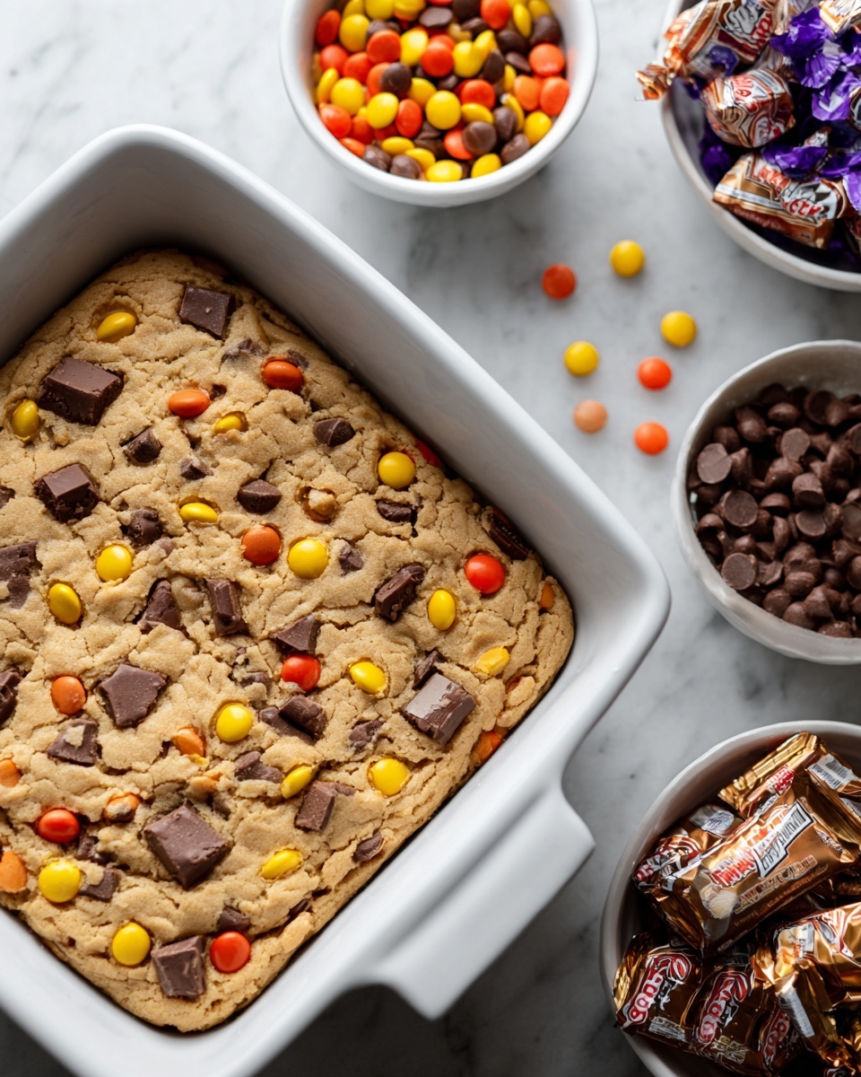 A close-up view of a large white rectangular baking dish filled with a thick, soft cookie base that appears golden-yellow and slightly cracked on top. The cookie is studded with colorful candy pieces in orange, yellow, and brown scattered all over, along with chunks of chocolate candy embedded unevenly throughout the dough. Around the baking dish, there are white bowls on a white marbled surface, one filled with more of the colorful candy pieces and the other with wrapped chocolate candies. The scene is bright and clear, highlighting the texture of the cookie and candies, photo taken with an iphone --ar 4:5 --v 7