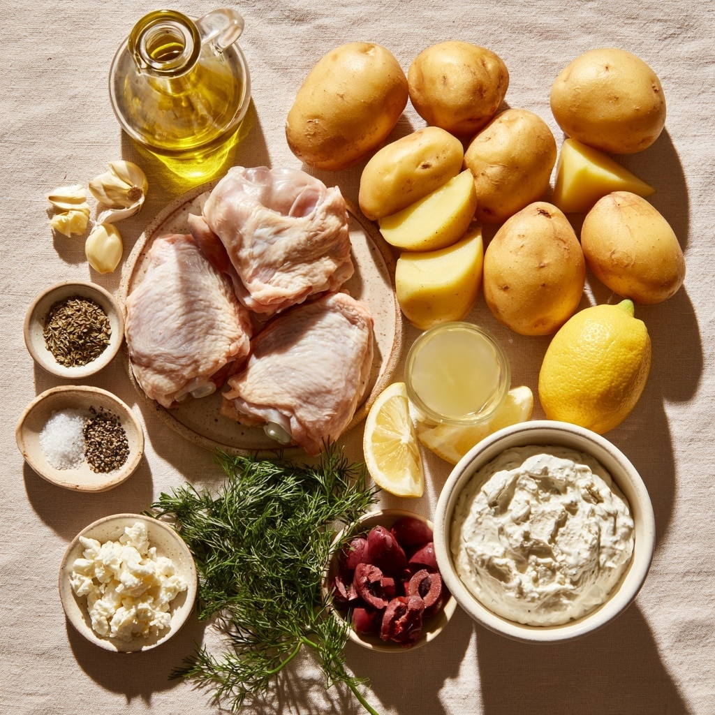 The image shows four steps of cooking chicken with potatoes and greens. The first part has raw chicken thighs in a clear glass bowl with a woman's hand pouring a green herb sauce over them. The second part shows small yellow potato cubes spread out on a silver baking tray. The third part displays cooked golden brown chicken thighs placed on top of roasted potatoes, topped with some white cheese crumbles and green herbs, all on the same baking tray. The last part shows one cooked chicken thigh on a white plate with golden potatoes and fresh green leafy arugula on the side, garnished with a few pieces of white cheese and some olives. All the scenes are on a white marbled surface. Photo taken with an iphone --ar 4:5 --v 7