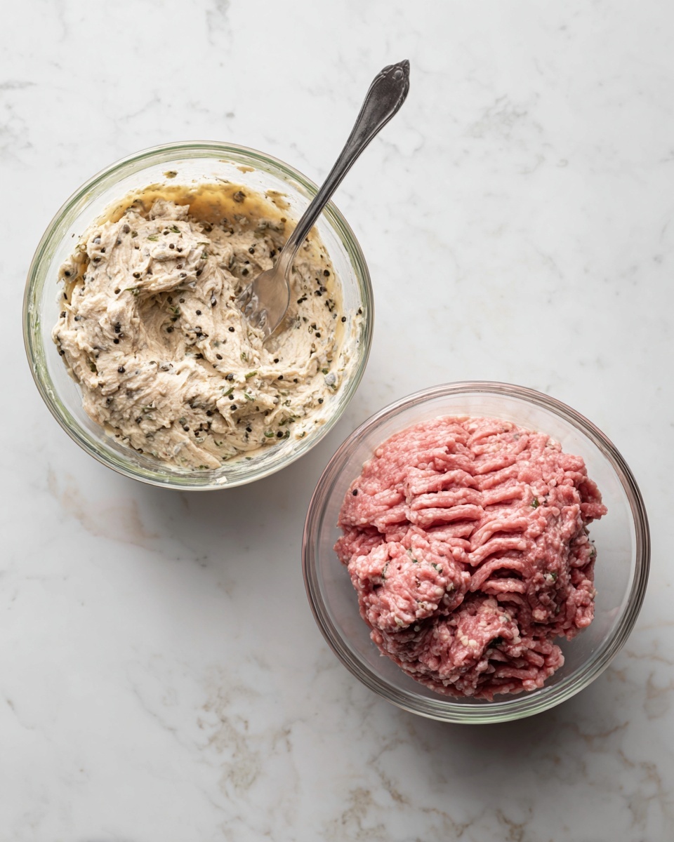 The image shows two clear glass bowls on a white marbled surface with a mixture inside. The left bowl contains a creamy, lumpy beige mixture with visible black pepper and herbs, stirred with a silver fork. The right bowl has the same beige mixture as a base, topped with a large, thick layer of raw pink ground meat that has a soft, rippled texture. Both bowls sit on a white marbled background. photo taken with an iphone --ar 4:5 --v 7