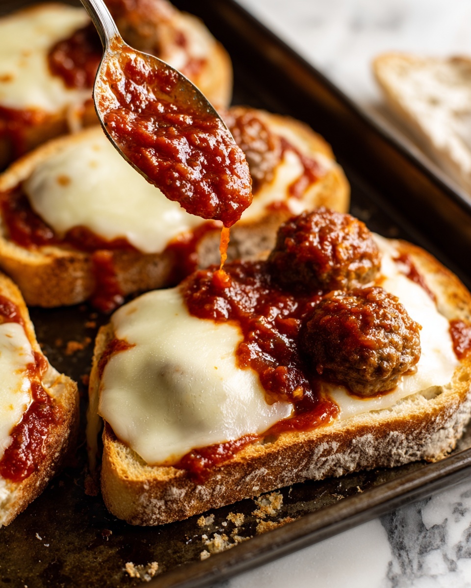 The image shows a sandwich open-faced with two slices of toasted white bread as the base layer. On the bread, there are three thick, white, melted cheese slices covering most of each slice of bread, with a smooth and slightly bubbly texture. On top, a spoon is adding chunky, deep red tomato sauce that looks thick and textured with visible bits, along with three small round brownish meatballs sitting on one side of the sandwich. The setting features the sandwich placed on a dark baking tray with a white marbled surface underneath. Photo taken with an iphone --ar 4:5 --v 7