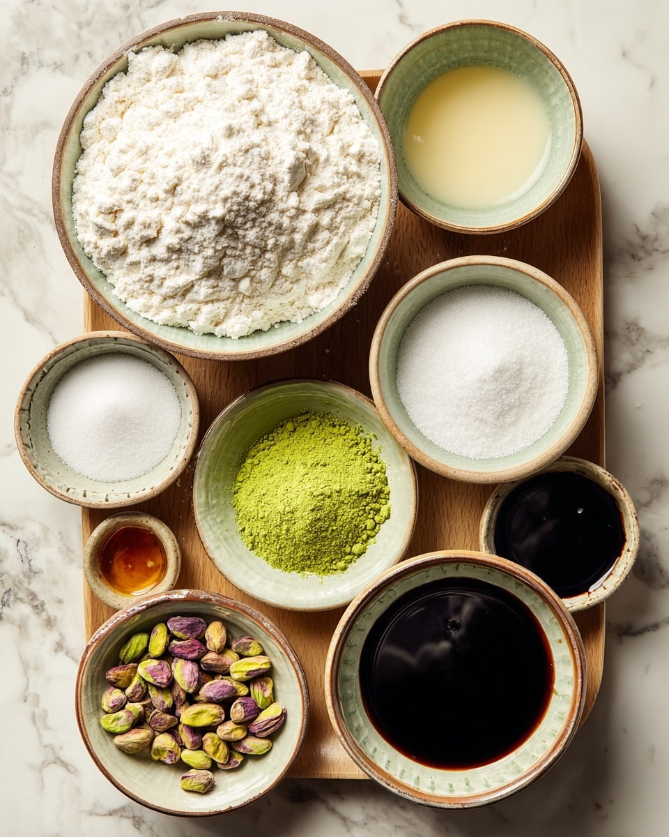 The image shows a wooden tray holding eight round bowls arranged neatly. The largest bowl in the top left is filled with white flour that has a powdery texture. To its right, a bowl with pale yellow liquid, smooth like cream. Below are smaller bowls: one with white granulated sugar, another with bright green powder, one with a clear white powder, and a small bowl with dark brown liquid that looks glossy. There is a bowl with shiny, small pistachio nuts that are mostly green with hints of purple. The smallest bowl holds a thick, black liquid that looks glossy and dense. All bowls are ceramic with a light green and brown rim. The background is a white marbled surface. Photo taken with an iphone --ar 4:5 --v 7
