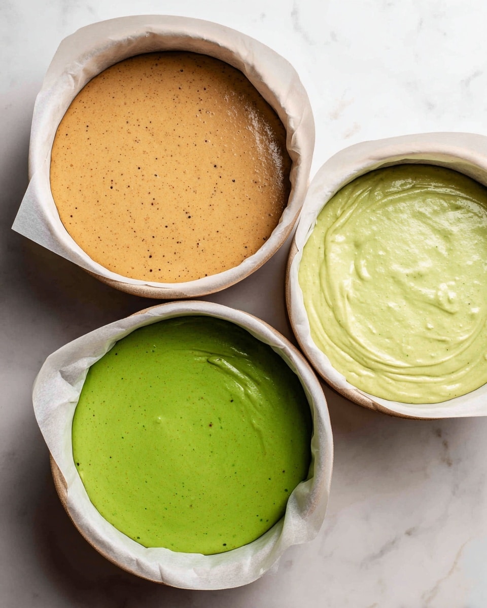 The image shows three round white baking pans lined with white parchment paper and filled with different colors of thick batter. The top left pan holds light brown batter with small dark specks, the top right pan contains light green batter with a smooth texture, and the bottom center pan has bright green batter with visible small bits. The pans are placed on a white marbled surface. photo taken with an iphone --ar 4:5 --v 7