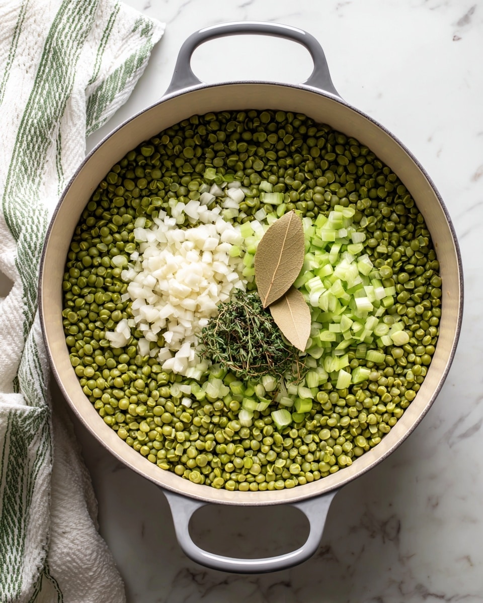 A top view of a round white dutch oven with gray handles, filled evenly with green split peas spread out as the main layer. On top of the peas are small white chopped pieces of garlic and onion scattered mainly to the left side, a single whole beige bay leaf placed near the center to the right, and a small sprinkle of green dried herbs close to the bay leaf. Around the edges of the pot, light green diced vegetable pieces form a thin border. The dutch oven is placed on a white marbled surface with a folded white and green striped towel pushed to the upper left side. photo taken with an iphone --ar 4:5 --v 7