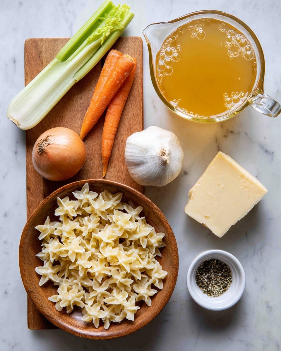 The image shows a wooden board with fresh ingredients placed neatly. On the left side, there are two pale green celery stalks with white bases, placed diagonally. Above them is an orange carrot with a slightly rough texture, next to a brown onion that has a smooth outer skin. To the right, a clear glass measuring cup filled with golden-yellow broth sits on the white marbled surface. Below the measuring cup, a wooden bowl holds many small star-shaped pasta pieces with a pale beige color. Near the bottom center, a whole white garlic bulb is placed next to a small white bowl containing ground black pepper. Finally, on the bottom right, there is a small block of pale yellow cheese. The photo is taken with an iphone --ar 4:5 --v 7