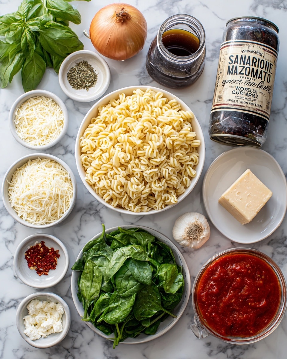 The image shows many ingredients arranged neatly on a white marbled surface. In the center is a white bowl full of pale yellow curly pasta. Above the pasta is a large transparent container with dark brown liquid, and to the right is a white plate holding a brown solid block. Below this plate is a large white bowl filled with bright green spinach leaves. Around these main items are small bowls and containers holding various ingredients: white crumbly cheese, grated white cheese, small red pepper pieces, a white bowl with dried herbs, a whole garlic bulb, a round orange onion, and a large glass bowl filled with bright red tomato sauce. There is also a can labeled
