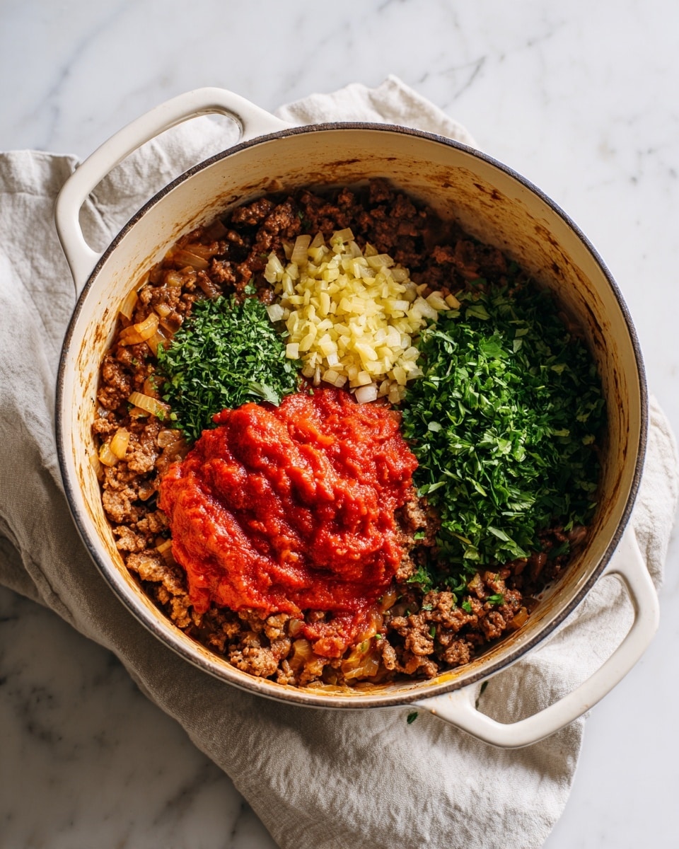 A round white cast iron pot with browned minced meat and diced onions cooked together, forming the base layer filling the pot. On top of the meat mixture, there are three small piles placed close to each other: one pile of bright red tomato paste, one of finely chopped light yellow garlic, and one of chopped fresh green herbs. The pot is placed on a soft white cloth on a white marbled surface. The photo taken with an iphone --ar 4:5 --v 7