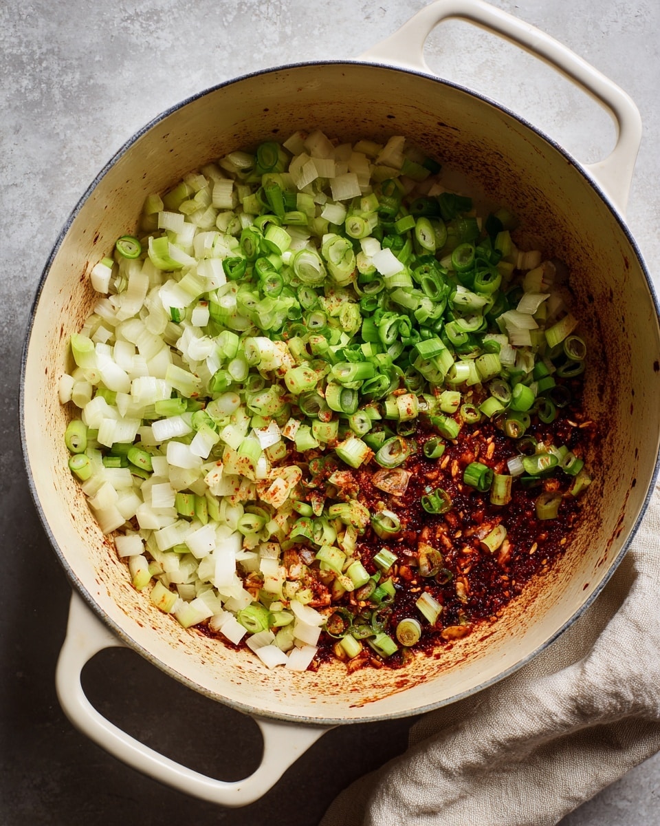 A white pot with two handles contains a mix of diced white onions and sliced green onions on top of a layer of reddish-brown spices and oil that spreads unevenly along the bottom. The pot sits on a grey surface next to a beige cloth partially tucked under one handle. The texture of the spices looks thick and slightly oily, contrasting with the fresh, firm onion pieces scattered mostly on one side. The photo has natural lighting that highlights the colors and textures clearly. Photo taken with an iphone --ar 4:5 --v 7
