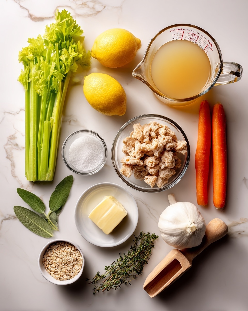 The image shows several fresh ingredients arranged neatly on a white marbled surface. From the left, there are three celery stalks, two bright yellow lemons, and two orange carrots placed vertically next to a large glass measuring cup filled with a golden broth. Below the lemons and celery, a small white plate holds a dollop of pale yellow butter. Near it, a clear glass bowl is filled with light brown textured pieces that look like cooked soy curls. A sprig of green thyme lies beside the bowl. At the bottom left, a small white bowl contains uncooked light brown grains. Next to it, fresh green sage leaves and a small white container with a white, creamy liquid are set. Near the center, a whole white garlic bulb rests above a round red onion with dry skin. To the right, a wooden scoop filled with a white powder, likely flour or salt, completes the layout. Photo taken with an iphone --ar 4:5 --v 7