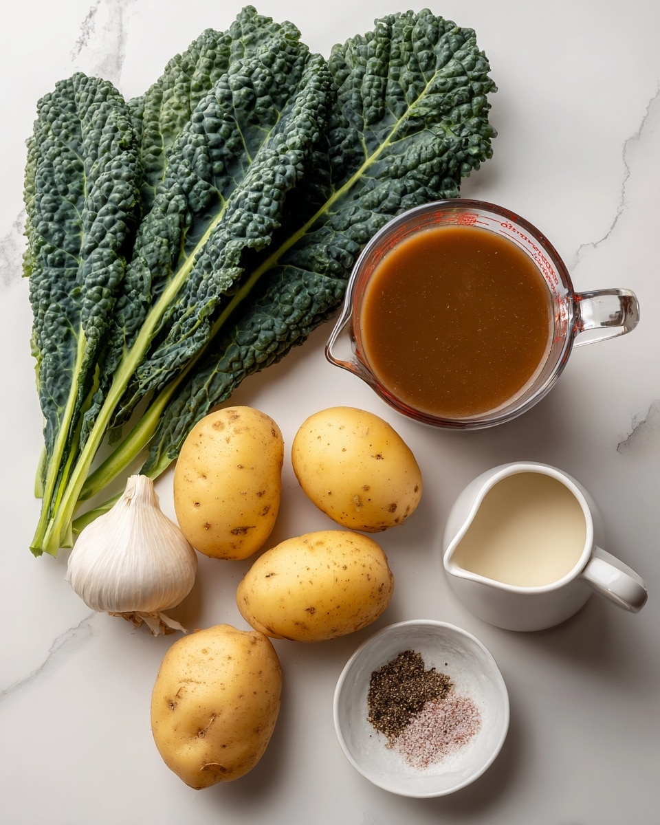 The image shows fresh ingredients arranged on a white marbled surface, including three golden-yellow potatoes with smooth skins, a small white garlic bulb, a round yellow onion, and several dark green kale leaves with bumpy textures fanned out on the left side. In the center, there is a clear glass measuring cup filled with a rich brown broth, and near the bottom right, a small white bowl contains a mix of black and pink spices. Next to it is a small white pitcher holding a creamy white liquid. The setup is simple and clean, focusing on the natural colors and textures of the ingredients. Photo taken with an iphone --ar 4:5 --v 7