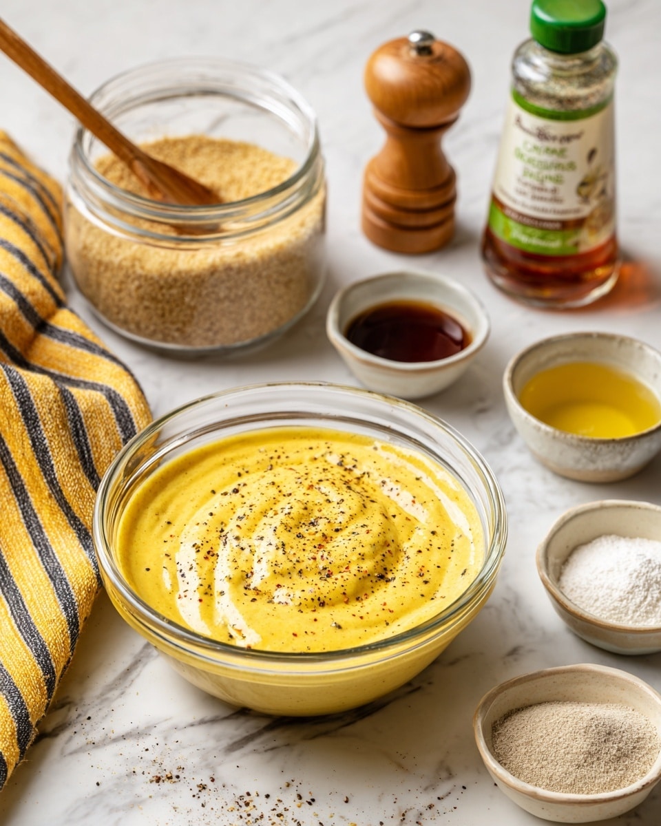 A clear glass bowl sits on a white marbled surface filled with a thick, smooth, bright yellow mustard sauce that is speckled with black and red pepper on top. Nearby, there is a transparent container filled with light brown breadcrumbs, with a wooden spoon resting inside it. To the right, there is a bottle with a green cap and label, containing amber-colored apple cider vinegar. A small wooden pepper grinder is placed between the container and the bowl. Two small white dishes are also present, one with a dark brown liquid and the other with a light golden liquid. Another small white plate holds a mix of white and light brown powders. There is also a striped cloth with yellow, black, and beige colors in the background. Photo taken with an iphone --ar 4:5 --v 7