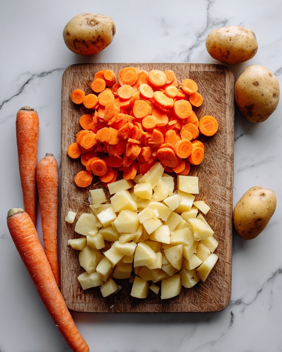 A wooden cutting board is placed on a white marbled surface, topped with two piles of chopped vegetables: bright orange carrot rounds on the upper left and light yellow potato cubes on the lower right. Around the board, there are whole carrots with skins and whole potatoes scattered, creating a balanced, natural look. The arrangement highlights the contrast between the orange carrots and pale potatoes. Photo taken with an iphone --ar 4:5 --v 7