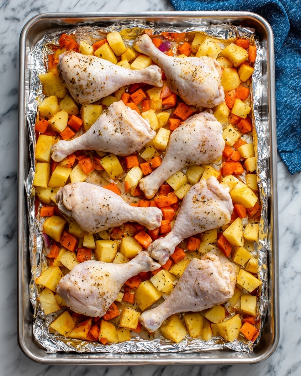 The image shows a large metal baking tray lined with foil, filled with eight raw chicken drumsticks arranged evenly on top of a bed of chopped yellow potatoes and orange carrots. The vegetables are cut into cubes and round slices, covering the entire surface of the tray. The chicken pieces have a light seasoning visible as small dark specks on the skin. The foil under the food reflects some light, and the background is a white marbled surface with a blue cloth visible in the top right corner. Photo taken with an iphone --ar 4:5 --v 7