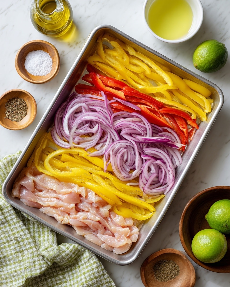 A silver baking tray filled with three layers of ingredients: the bottom layer has thin pinkish strips of raw chicken, the middle layer shows bright yellow and red long slices of bell peppers, and the top layer is made of thinly sliced rings of purple and white onions spread evenly across the tray. The tray is placed on a white marbled surface surrounded by small wooden bowls holding salt, spices, and oil, a whole lime, and a white bowl filled with light yellow oil, along with a green and white checkered cloth on the lower right side. photo taken with an iphone --ar 4:5 --v 7