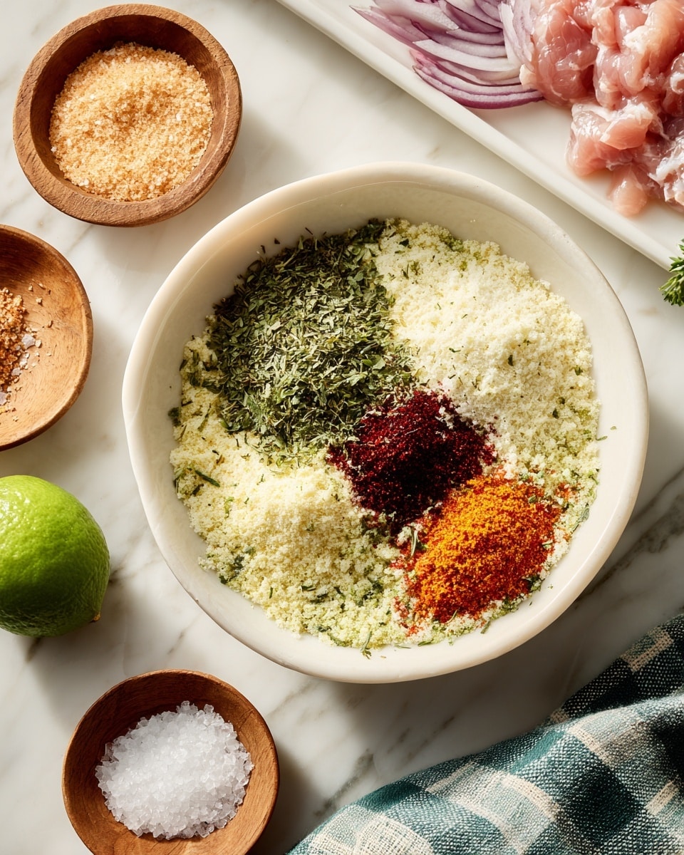 A white bowl sits on a white marbled surface, filled with a mixture of spices and herbs in layers: a base of pale yellow powder, topped with green dried herbs, and a small pile of dark red powder with a tiny orange spot in the center. Around the bowl are three small wooden bowls; one with light brown powder at top left, one with orange-red powder at top right, and one with white salt at bottom left. A green lime is placed near the bottom left, and the top edge of a white tray with raw pale pink meat and red onion rings is visible at the top. A green and white checkered cloth peeks from the bottom right. photo taken with an iphone --ar 4:5 --v 7