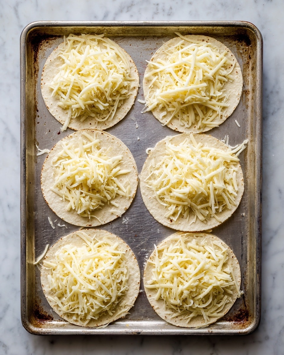 The image shows six small round tortillas laid flat on a silver baking tray with some signs of use. Each tortilla has a thin layer of shredded cheese scattered over it, the cheese is pale yellow with a soft texture. The baking tray sits on a white marbled surface. photo taken with an iphone --ar 4:5 --v 7