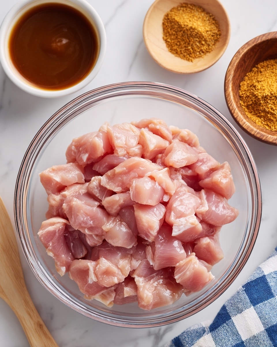 A clear glass bowl filled with pale pink small pieces of raw chicken, placed centrally on a white marbled surface. Above the bowl, there are two small round containers: one white bowl holding a glossy, dark brown thick sauce, and one wooden bowl with a golden, coarse powder. In the lower right corner, part of a blue and white checkered cloth is visible. The overall color scheme is light with smooth, soft textures from the chicken and glossier texture from the sauce. photo taken with an iphone --ar 4:5 --v 7
