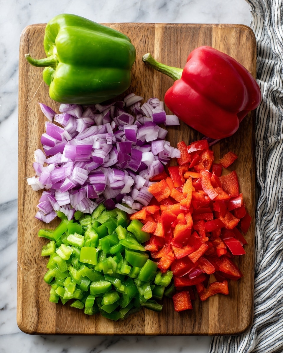 The image shows a wooden cutting board on a white marbled surface with two whole bell peppers at the top—one bright green on the left and one bright red on the right. Below the whole peppers, there are chopped pieces arranged in groups: purple onion slices in the middle, bright green bell pepper pieces on the bottom left, and red bell pepper pieces on the bottom right. The colors are vibrant, and the texture of each ingredient is clear, with the cutting board filling most of the frame and a striped cloth partially visible in the bottom right corner. Photo taken with an iphone --ar 4:5 --v 7