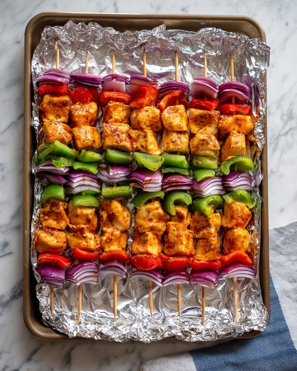 There are twelve wooden skewers laid out side by side on a large baking tray covered with shiny silver foil. Each skewer has five main layers: light brown seasoned chicken pieces that look tender and cooked, bright green bell pepper chunks, red bell pepper pieces, and slices of purple onion. The layers are arranged alternately, creating a colorful pattern with each skewer showing the same sequence of colors and textures. The tray sits on a white marbled surface with part of a blue and white striped cloth visible in the bottom right corner. photo taken with an iphone --ar 4:5 --v 7