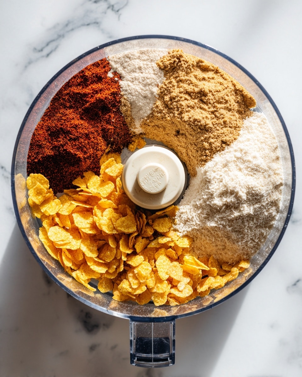 The image shows a clear round food processor bowl with five different dry ingredients arranged in separate sections inside it. Starting from the top left and moving clockwise, there is a dark reddish-brown powder, a light tan grainy powder, golden yellow cornflake pieces, a fine white powder, and off-white breadcrumbs. The food processor is placed on a white marbled surface. photo taken with an iphone --ar 4:5 --v 7