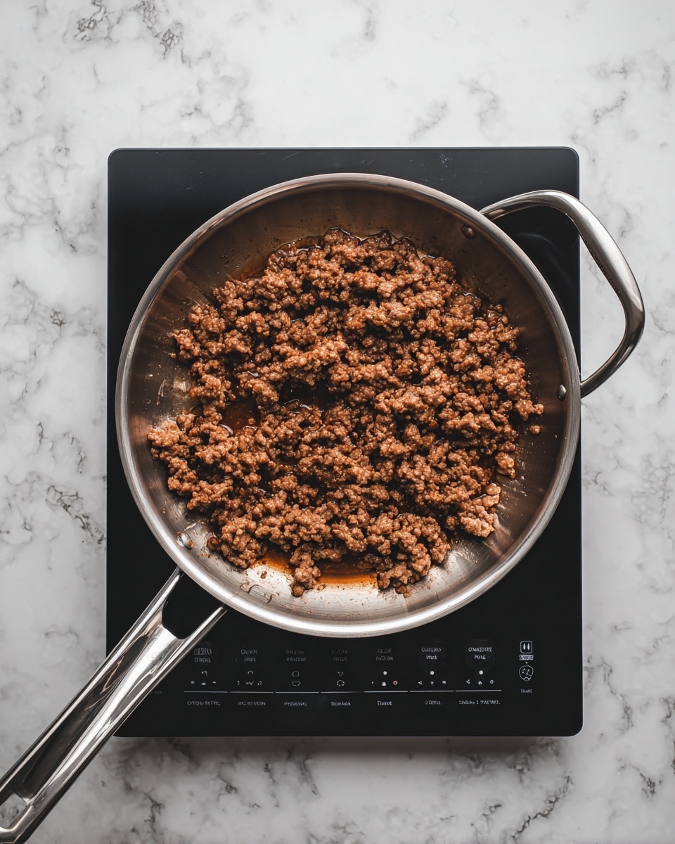 A top view of a shiny silver pan filled with cooked ground beef that is brown and crumbly with some light juices pooling underneath. The pan has a long silver handle on the left and a loop handle on the right. It sits on a black induction cooktop with white buttons and numbers, all placed on a white marbled surface. photo taken with an iphone --ar 4:5 --v 7
