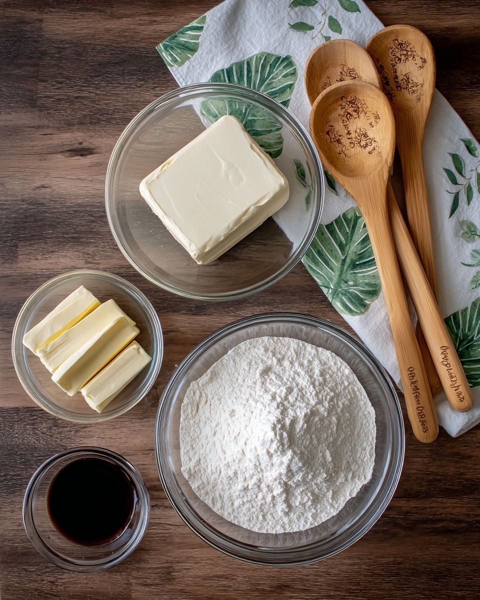 The image shows a flat lay of baking ingredients arranged on a dark wooden surface. At the center bottom, there is a large clear round bowl filled with a fine white powder. Above it, slightly to the left, is a medium clear round bowl holding a block of cream cheese. Below and to the left of the cream cheese bowl, there is a smaller clear bowl with two sticks of pale yellow butter. Near the bottom left corner, a tiny clear bowl contains a dark liquid. In the top right corner, three wooden measuring spoons with decorative engraving are stacked on a white cloth with green leaf patterns. The entire scene is set on a wooden surface that should be imagined as white marbled. Photo taken with an iphone --ar 4:5 --v 7