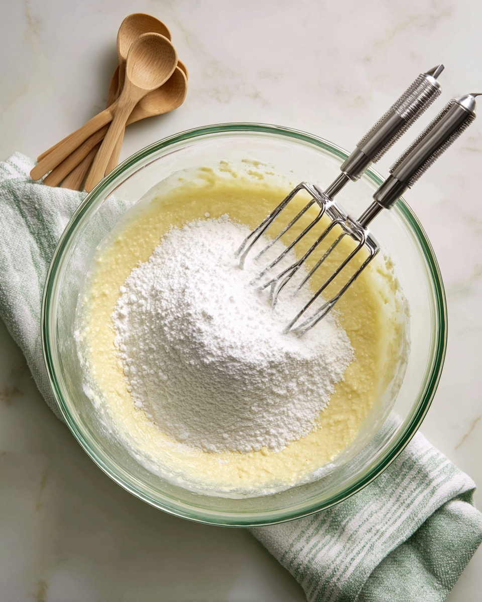 A clear glass bowl sits on a white marbled surface with a green and white striped cloth nearby and three wooden spoons stacked next to it. Inside the bowl, there is a thick pale yellow mixture with a large mound of white powdery ingredient on top. A metal electric mixer with two beaters is partially inserted into the bowl, mixing the ingredients. The texture is creamy with a contrast between the smooth mixture and the fine powder layer. Photo taken with an iphone --ar 4:5 --v 7