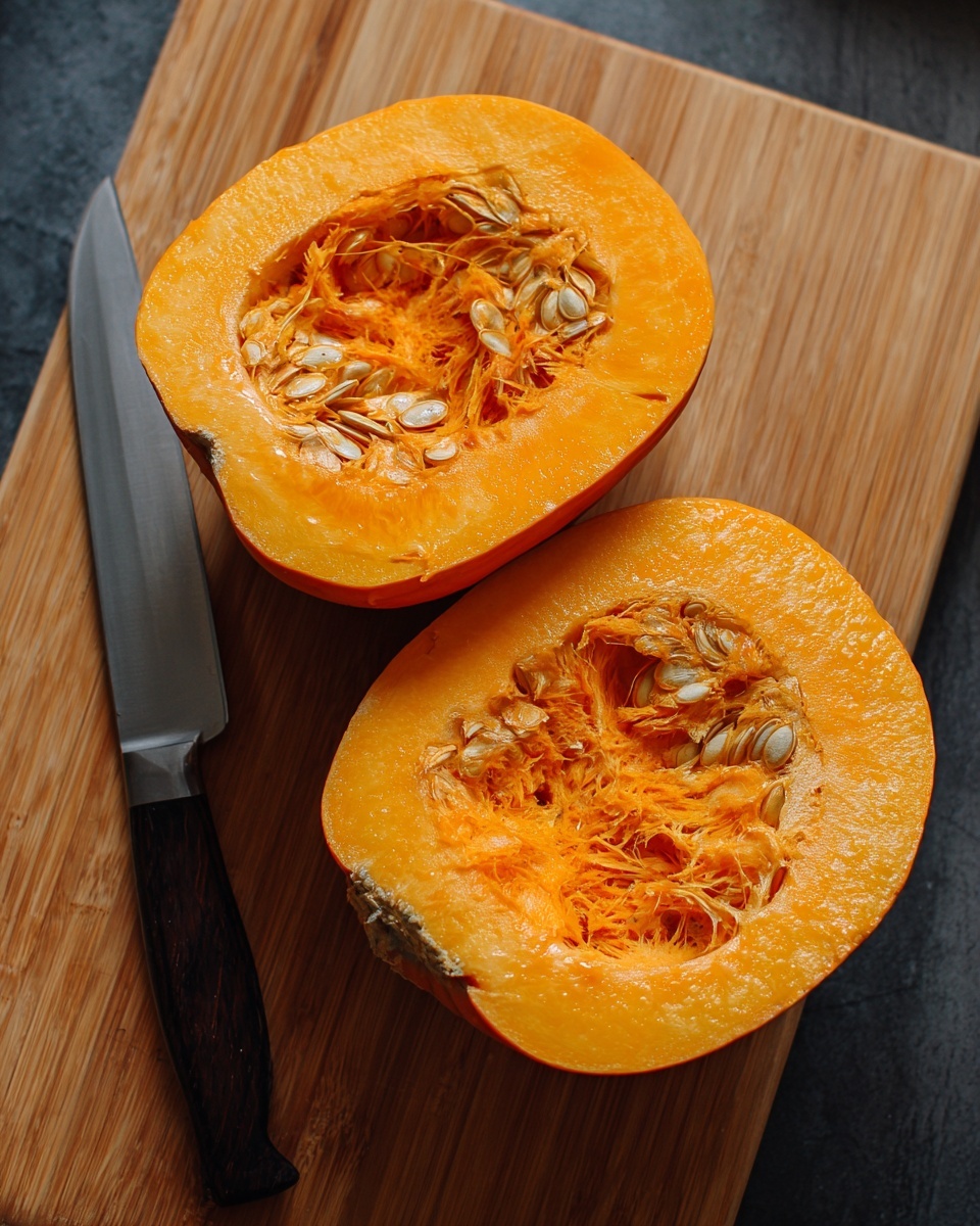 The image shows two halves of a bright orange pumpkin with the seeds and stringy parts mostly removed, exposing the smooth, slightly fibrous inner texture. The halves are placed on a wooden cutting board with a dark-handled knife resting nearby. The pumpkin's outer skin is a rich orange, while the inside is a more vivid, shiny orange with some stringy bits left around the edges. The setting is simple, showing the pumpkin halves centered on the cutting board, which has a natural wood grain pattern. photo taken with an iphone --ar 4:5 --v 7