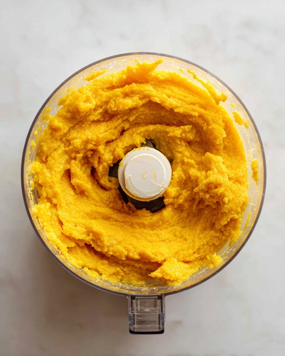 A clear food processor bowl with a white blade center filled with bright yellow-orange mashed mixture with a smooth and slightly chunky texture, sitting on a white marbled surface. The mash spreads unevenly around the blade, showing pockets of thicker and smoother parts all inside the bowl. Photo taken with an iphone --ar 4:5 --v 7