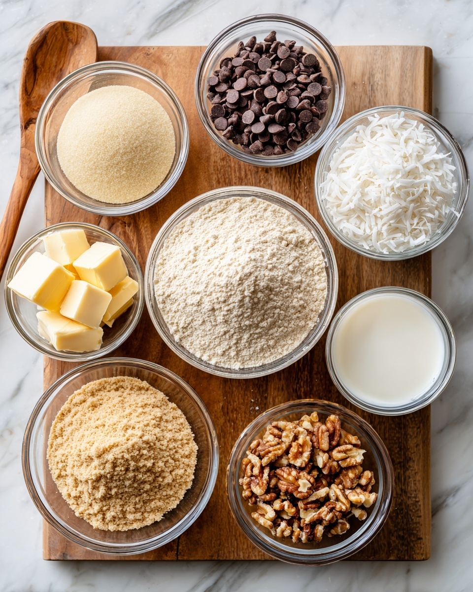The image shows seven clear glass bowls arranged on a wooden surface with a wooden spoon on the left side. In the center is a large bowl filled with light beige powder. Above it, a bowl holds small dark brown chocolate chips, and to the right of that, another bowl contains shredded white coconut. To the right of the center bowl, there is a bowl filled with chopped brown nuts. Below the large bowl in the center, a bowl with light brown butterscotch chips is seen, and next to it on the right, there's a bowl with a white creamy liquid. On the far left, a smaller bowl holds two pale yellow butter cubes. The scene is neat and all bowls are transparent and placed on a white marbled texture. photo taken with an iphone --ar 4:5 --v 7