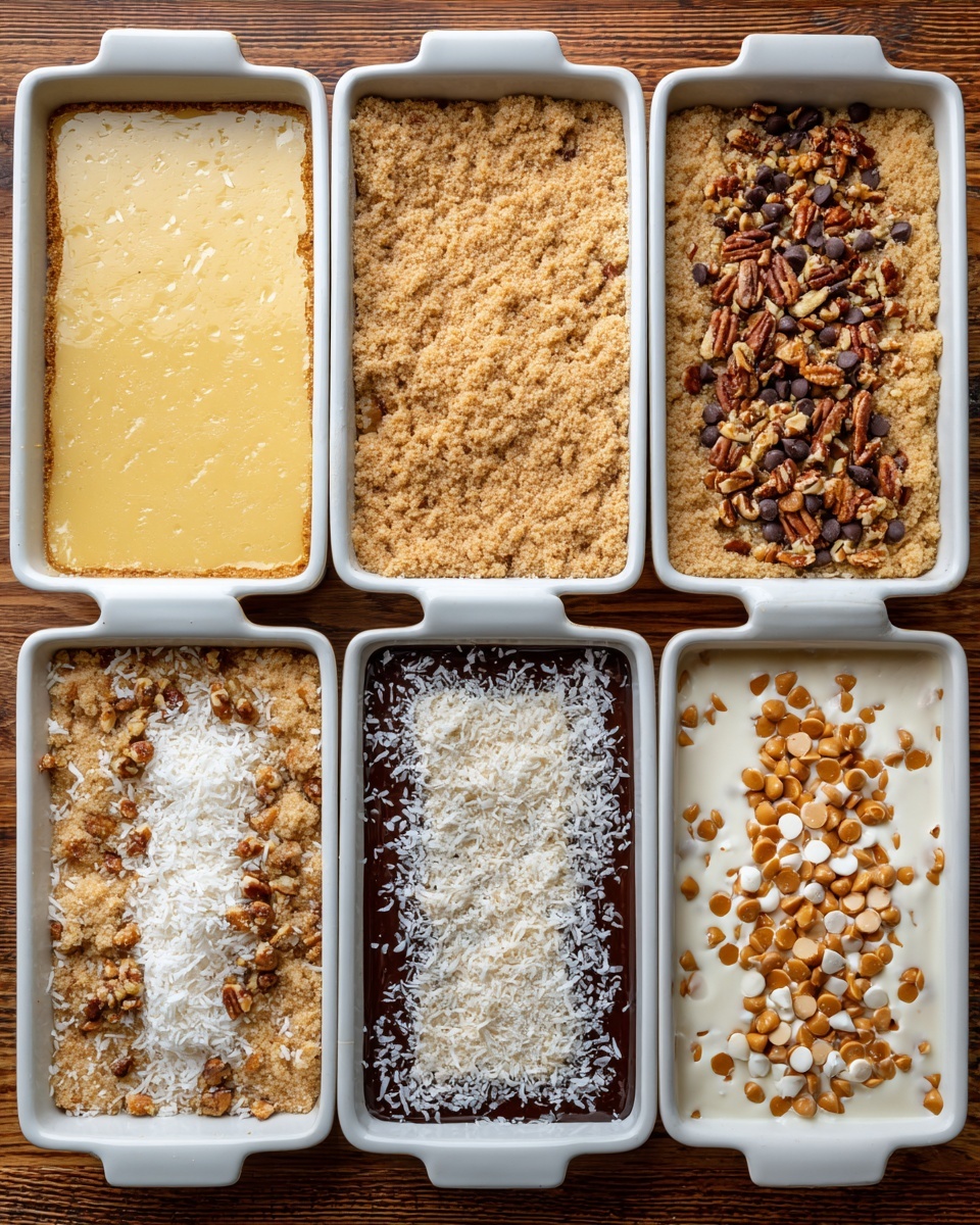 The image shows six white rectangular baking dishes arranged in two rows of three on a wooden table. Each dish contains a different layer of a recipe: the first has a light yellow melted butter layer with a smooth texture; the second holds a tan crumbly base spread evenly; the third is topped with a layer of chopped pecans, clustered together with a rough texture; the fourth layer is covered with shredded white coconut, spread thin; the fifth has a dark chocolate chip layer mixed with butterscotch chips scattered evenly; the sixth dish shows a similar chocolate and butterscotch chip layer but with a white creamy liquid poured over it, slightly mixing with the chips. photo taken with an iphone --ar 4:5 --v 7