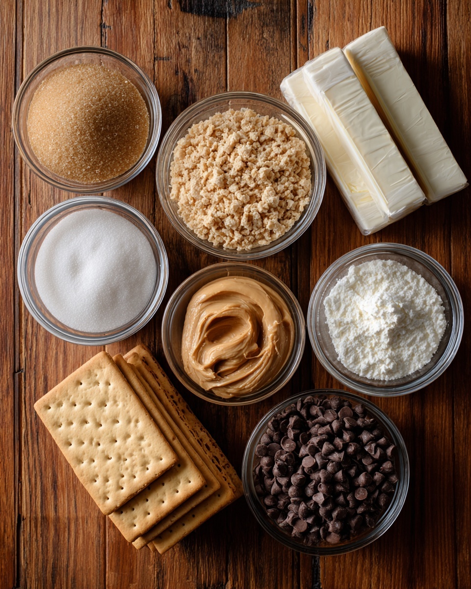 The image shows eight small clear glass bowls and two sticks of wrapped butter arranged on a wooden surface with visible grain. The top left bowl contains light brown sugar packed in a tight circle, the center holds finely crushed beige crackers filling the bowl, and the top right bowl has white milk. The middle left bowl contains white granulated sugar, and the middle right bowl is filled with dark brown chocolate chips. The bottom center bowl holds smooth, creamy light brown peanut butter. A small stack of intact rectangular beige crackers sits below the brown sugar bowl. The two white butter sticks, stacked on top of each other, are placed near the top right of the image. photo taken with an iphone --ar 4:5 --v 7