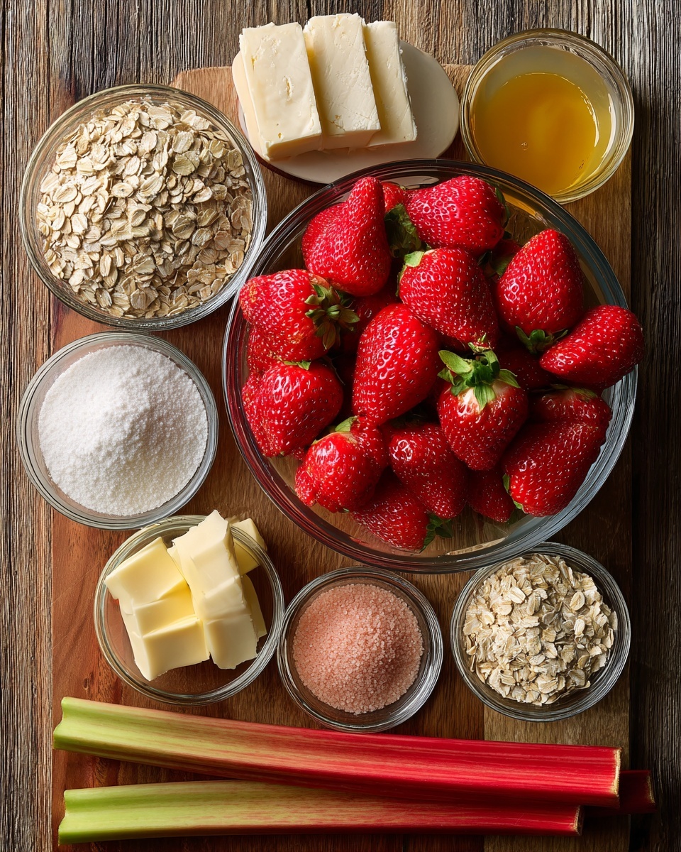 The image shows a flat layout of fresh ingredients on a wooden surface. At the center, a clear glass bowl is full of bright red strawberries with green leaves. Around it, there are several small clear bowls holding different ingredients: white flour, rolled oats with a pale beige color, white sugar, light brown sugar, pale yellow butter sticks, salt, cream cheese, and lemon juice with a slightly cloudy texture. Three long rhubarb stalks, with green and reddish hues, lie next to the bowl of strawberries. The whole setup is neat, with the ingredients spaced well apart and the wooden background adding a warm tone. photo taken with an iphone --ar 4:5 --v 7