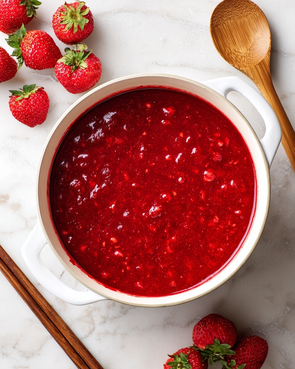A white pot filled with a thick, bright red strawberry sauce with small pieces of strawberry visible throughout the sauce, sitting on a white marbled surface. To the left of the pot, there are seven whole fresh strawberries with green tops, and at the top right corner, a wooden spoon with a smooth, light wood texture is placed. In the top left corner, there are two wooden chopsticks resting parallel to each other. The background shows a wooden texture that contrasts with the white pot and vibrant red sauce photo taken with an iphone --ar 4:5 --v 7