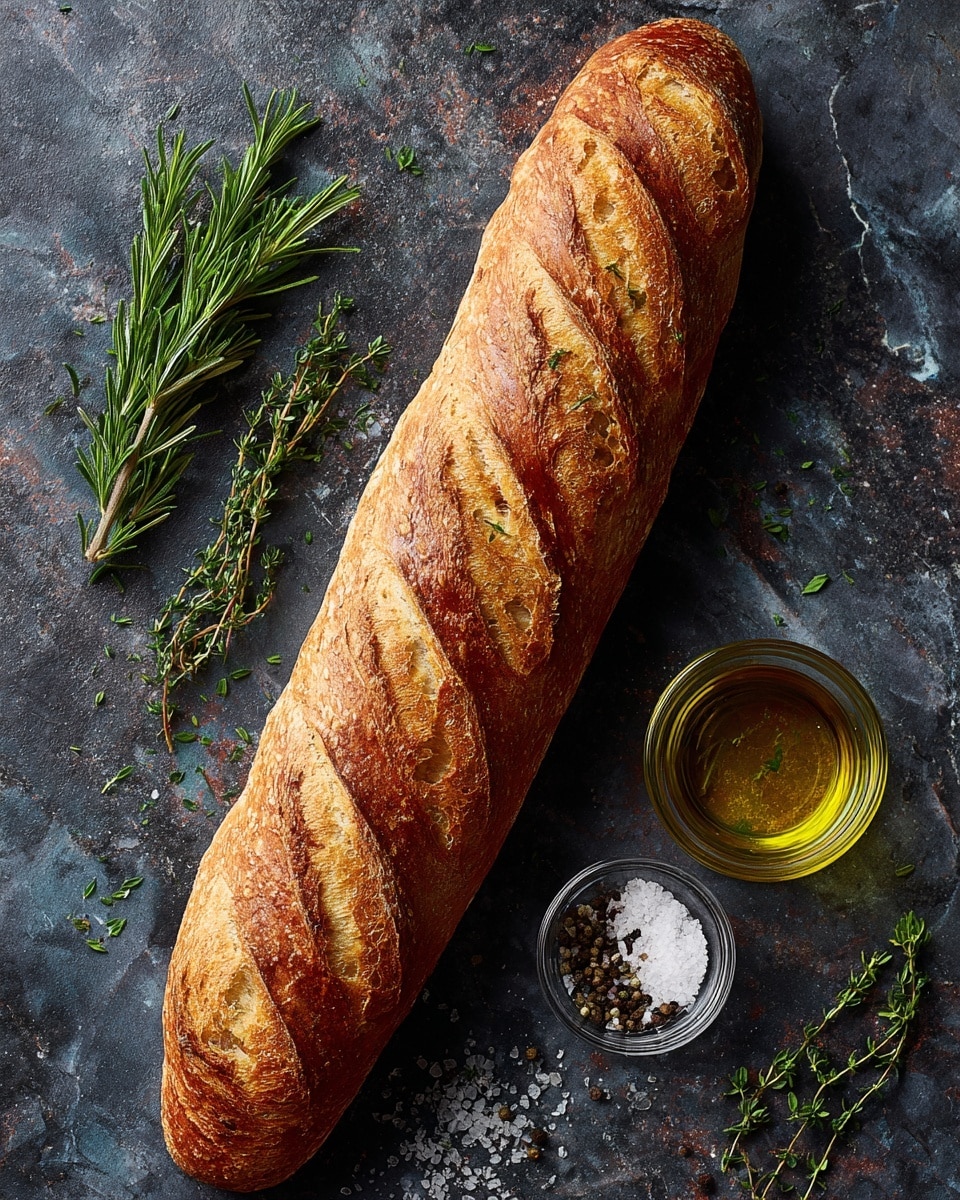 A long, golden brown baguette with crispy crust and diagonal slashes rests diagonally on a dark surface. To the top left of the baguette are two green sprigs of fresh herbs, one rosemary and one thyme, adding a fresh touch. Below the herbs, near the middle right edge of the image, are two small clear glass bowls – one filled with golden olive oil and the other divided into coarse salt and black pepper. The image is simple and focused on the baguette with its adjacent ingredients, all placed on a white marbled texture. photo taken with an iphone --ar 4:5 --v 7