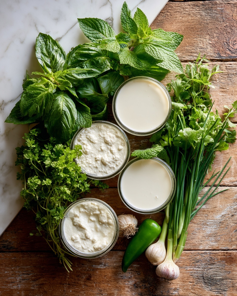 The image shows an arrangement of fresh ingredients on a wooden surface with a white marbled texture. There are four clear glass bowls filled with white and light beige creamy substances, likely cheeses or dairy, placed at the top and sides of the image. Fresh herbs including mint, basil, parsley, chives, and green onions form the middle layer, with different shades of green leaves and stalks. A fresh whole garlic bulb and a single green chili pepper sit near the bottom right corner. The image is bright and gives a natural, fresh feeling. photo taken with an iphone --ar 4:5 --v 7
