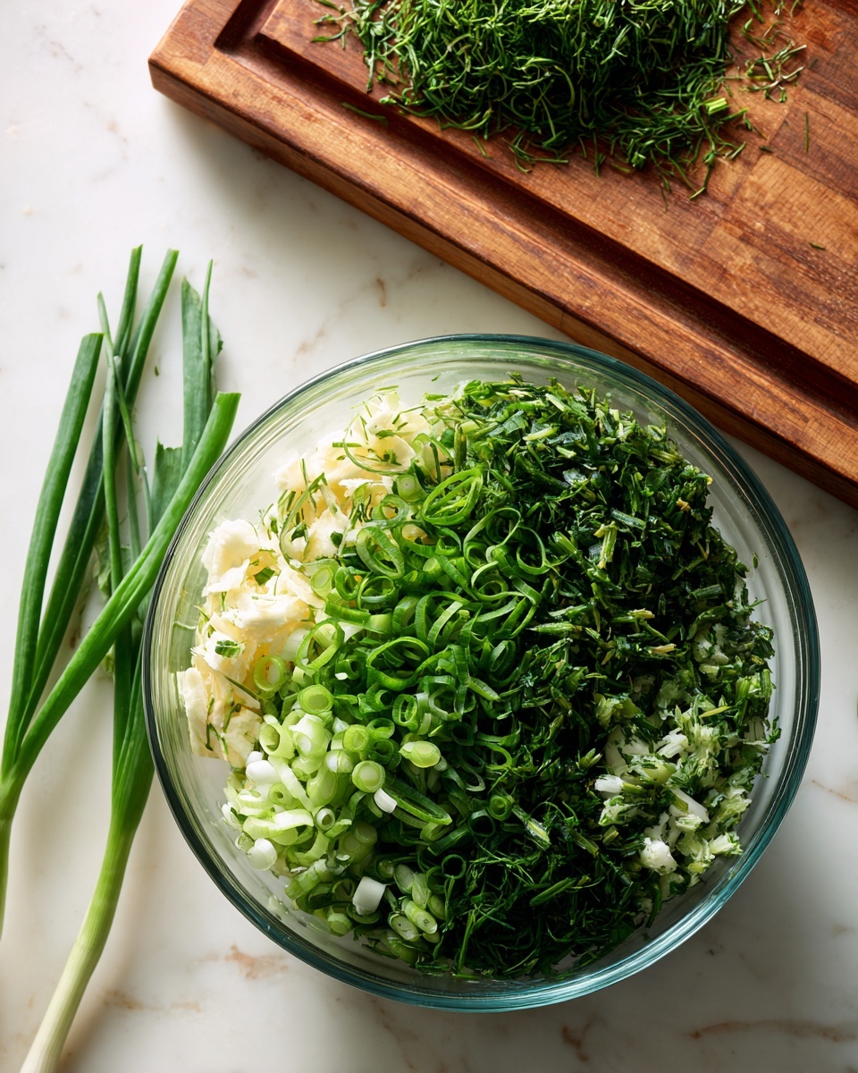 A clear glass bowl filled with three layers of fresh green herbs and vegetables is shown from above. The bottom layer includes light-colored ingredients like garlic cloves and a chunk of white cheese, visible through the green layers above. The middle and top layers are made of chopped green onions with white bases and curly leafy herbs of different green shades, creating a dense and fresh texture. Next to the bowl are three whole green onions lying on a clean white marbled surface, and in the background, a wooden cutting board holds a pile of finely chopped herbs. The whole scene is brightly lit to show the fresh colors clearly. photo taken with an iphone --ar 4:5 --v 7