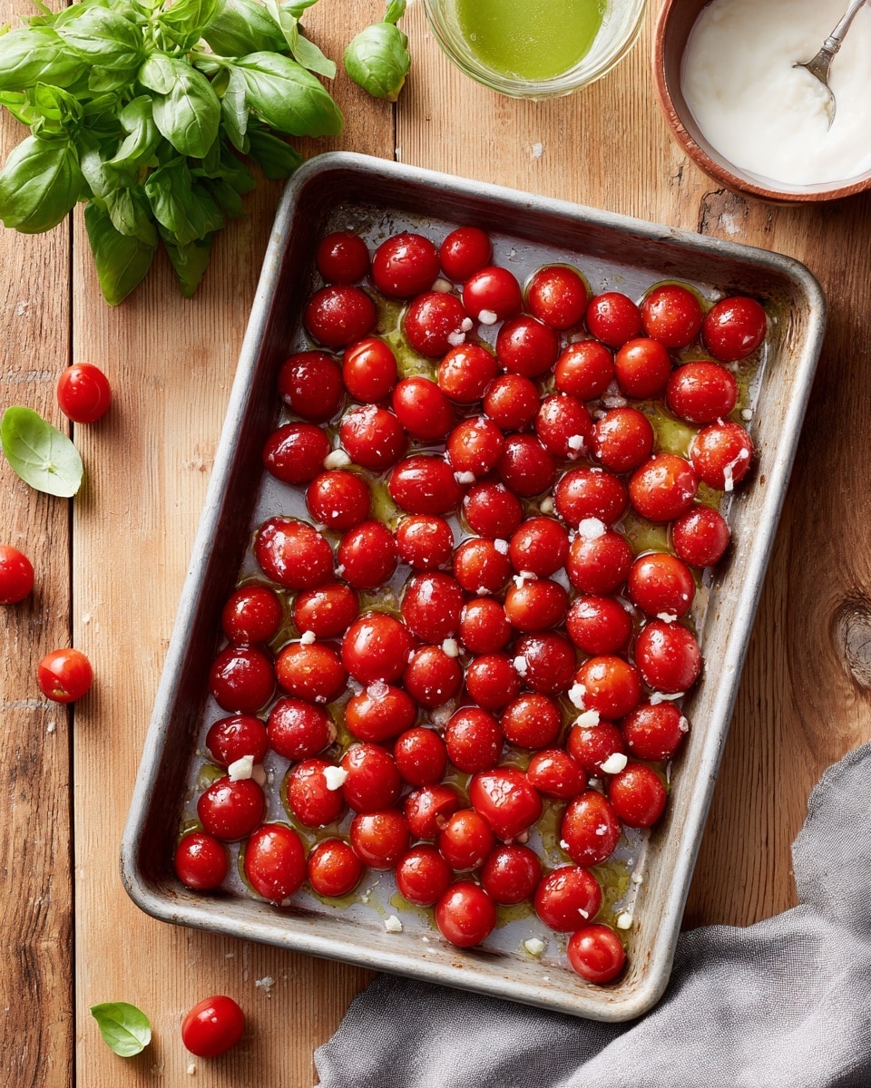 This image shows a rectangular metal baking tray filled with one layer of small, shiny red cherry tomatoes spread evenly across the surface. Scattered between and under the tomatoes are small pieces of minced garlic and droplets of olive oil, creating a slightly shiny and oily texture on the tray. The tray is placed on a wooden surface. In the top part of the image, there is a small bunch of fresh green basil leaves and a partly visible white bowl with a creamy white sauce, as well as a small glass container with a green sauce. The scene has a natural, fresh, and simple look. photo taken with an iphone --ar 4:5 --v 7