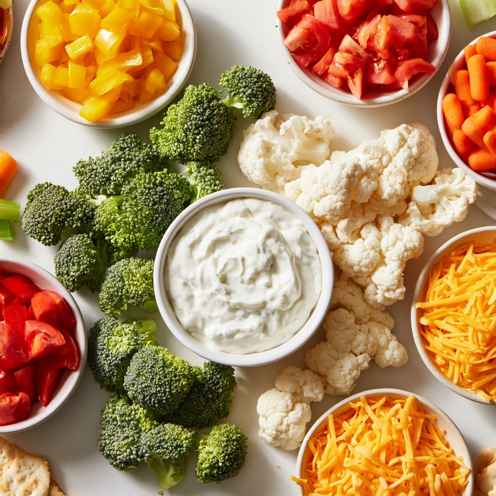 A white round plate on a white marbled surface holds five sections of fresh vegetables arranged around a clear plastic cup of white creamy dip with small bits of red and green inside. Starting from the top left and moving clockwise, the first section has pale white cauliflower florets with a bumpy texture, followed by bright yellow sliced bell peppers with smooth, curved edges. Next is a cluster of green broccoli florets with a rough, dense texture. On the bottom left are small, shiny, red grape tomatoes, and above them are long, straight, orange carrot sticks with a smooth surface. A blue and white checkered cloth is partly visible in the top background. photo taken with an iphone --ar 4:5 --v 7