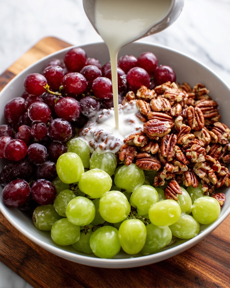 Easy Grape Salad with Cream Cheese-Vanilla Dressing Recipe 5 A white bowl holds three main layers of food arranged side by side: on the left, dark red grapes, on the right, bright green grapes, and in the middle, a pile of chopped light brown pecans with uneven edges. White creamy sauce is being poured over the pecans, spilling slightly onto the grapes. The bowl sits on a wooden table with a white marbled texture background. photo taken with an iphone --ar 4:5 --v 7