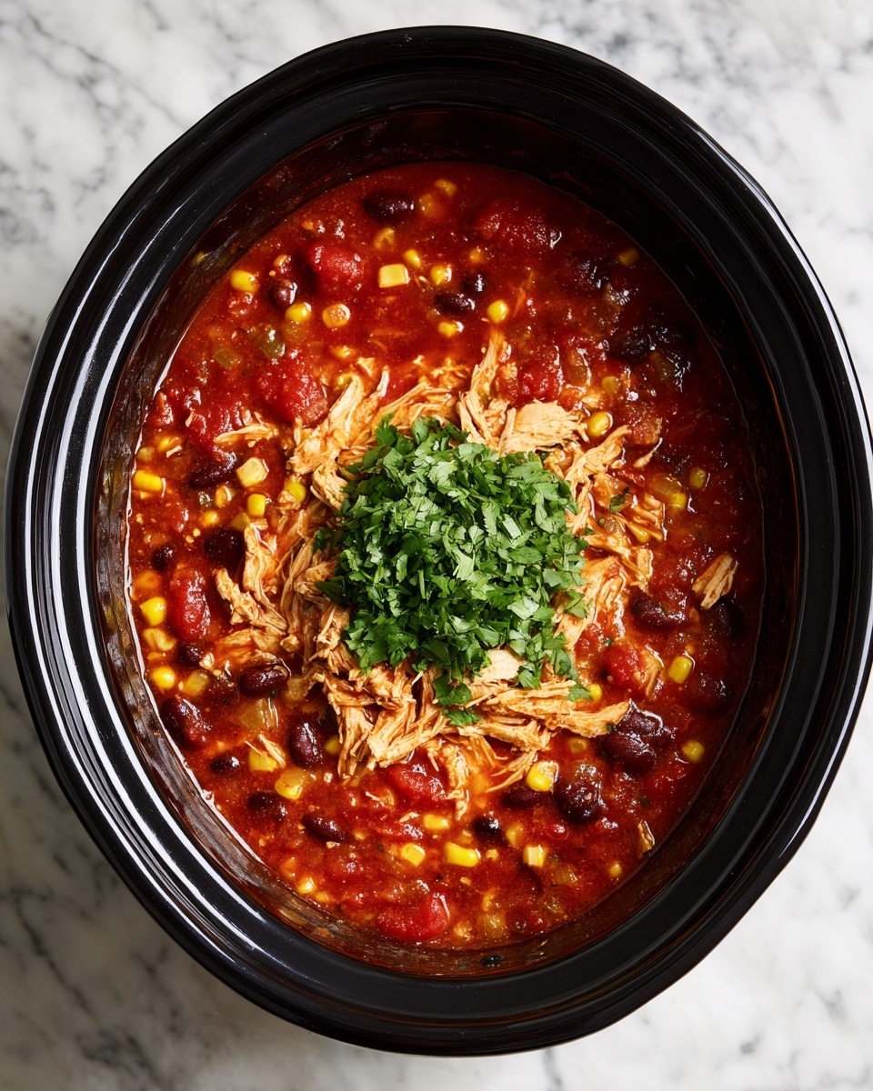 A black slow cooker filled with three layers of food: the bottom layer is a thick red bean and tomato sauce with visible corn kernels, the middle layer consists of shredded light brown chicken scattered evenly on top of the sauce, and the top layer is a small mound of chopped bright green cilantro placed in the center. The slow cooker is placed on a white marbled surface. photo taken with an iphone --ar 4:5 --v 7