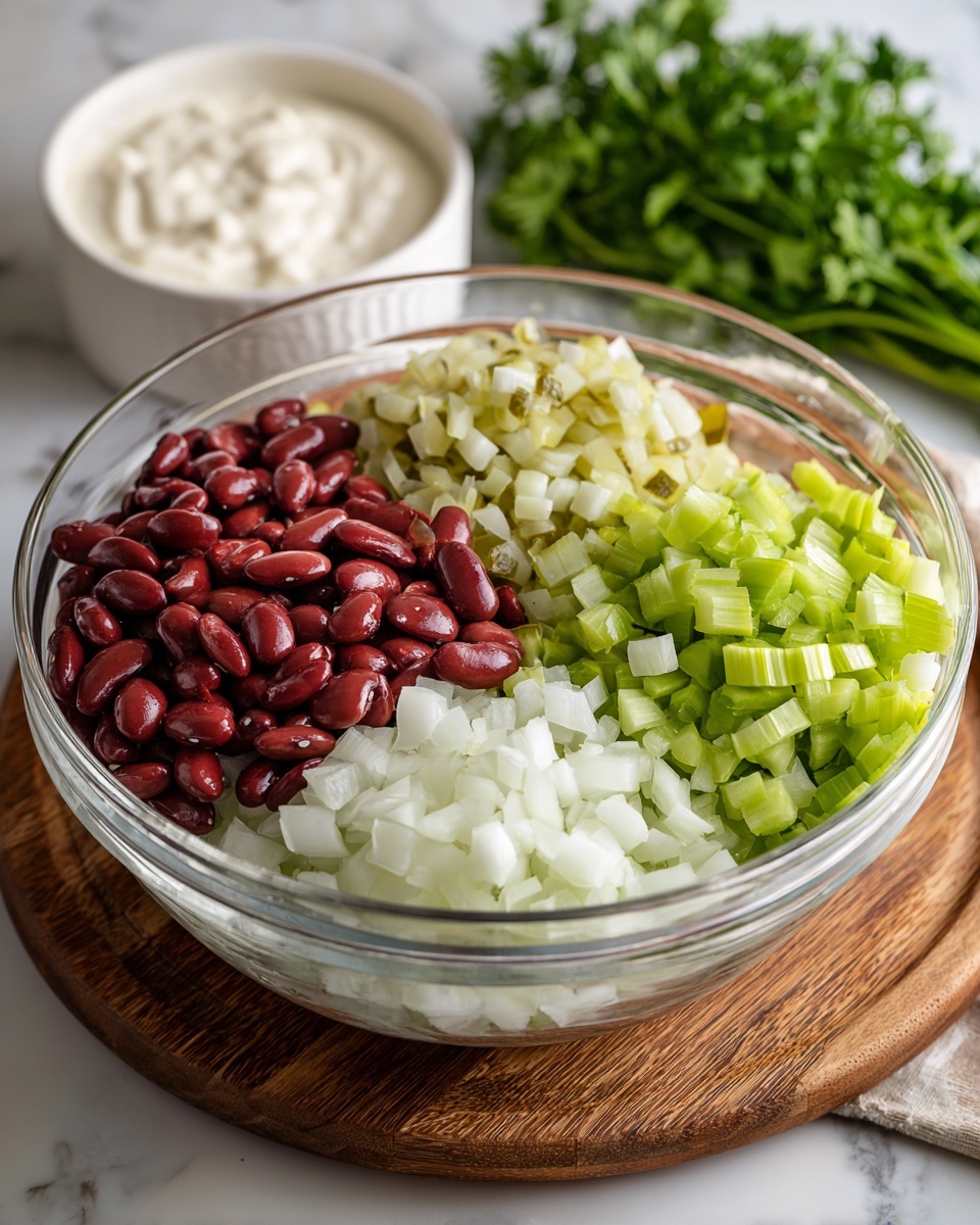 A clear glass bowl filled with four separate layers of ingredients: kidney beans on the left side showing a smooth, shiny red-brown color; diced pickles in the top right with a green, slightly glossy look; chopped celery pieces in the bottom center showing a fresh light green color; and finely chopped white onions on the bottom right with a slightly translucent texture. The bowl sits on a wooden board with a small white bowl of creamy white dressing and a bunch of green herbs in the background, all placed on a white marbled surface. Photo taken with an iphone --ar 4:5 --v 7