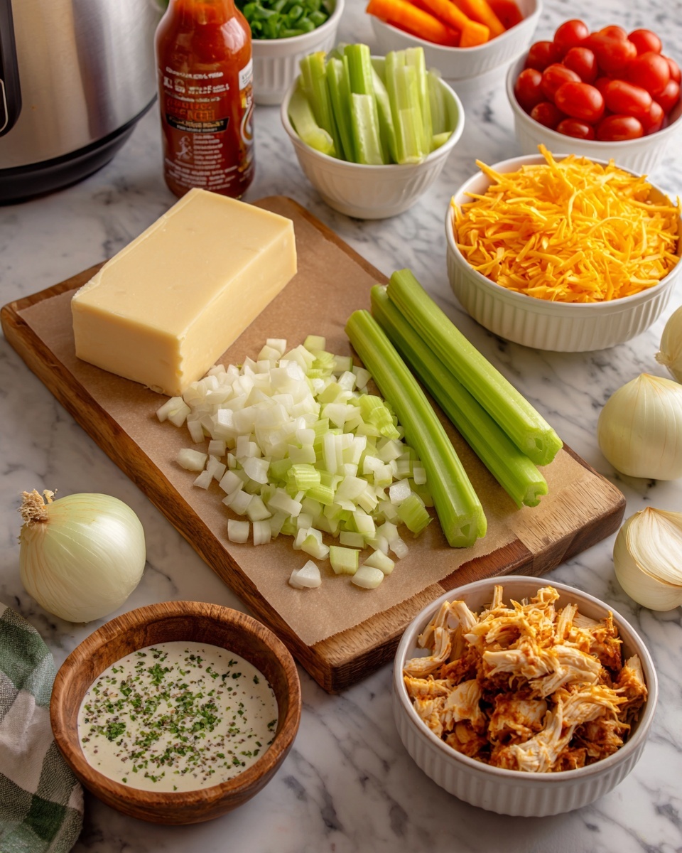 The image shows a wooden board on a white marbled surface with various ingredients for a dish. In the center are chopped onions and diced celery pieces, with three whole celery stalks and a whole onion nearby. To the left, there is a block of white cheese on brown parchment paper and a white bowl filled with shredded orange cheddar cheese. To the bottom right of the board is a white bowl filled with shredded chicken. Next to the board on the left is a small wooden bowl with a white sauce sprinkled with green herbs. In the background, there are white bowls of cherry tomatoes, celery sticks, and baby carrots, along with a slow cooker and bottle of red hot sauce near the board. The scene is bright and well-lit, with a clean, fresh feel. Photo taken with an iphone --ar 4:5 --v 7