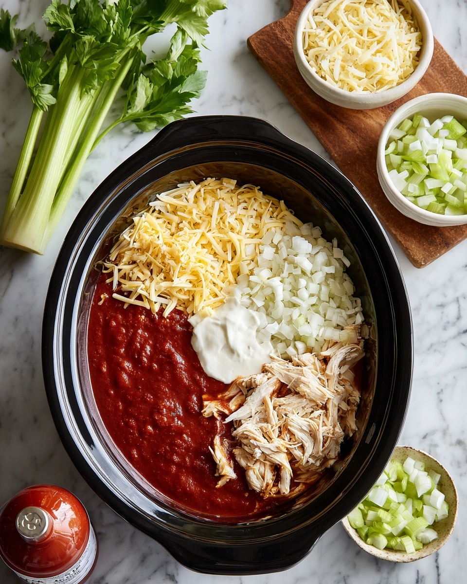 A black slow cooker is centered on a white marbled surface, filled with four main layers visible from the top. The bottom layer is a smooth red sauce. On the right, there is shredded white chicken, with a dollop of white cream or cheese slightly overlapping it. The bottom left has a large pile of shredded yellow and white cheese, and the top left shows a bit of the sauce again. Around the slow cooker, there are bright green celery stalks with leafy tops on a wooden board, along with diced white onions and chopped celery pieces arranged neatly nearby. A small white bowl holds more shredded cheese, and there is a red sauce bottle to the side. Photo taken with an iphone --ar 4:5 --v 7