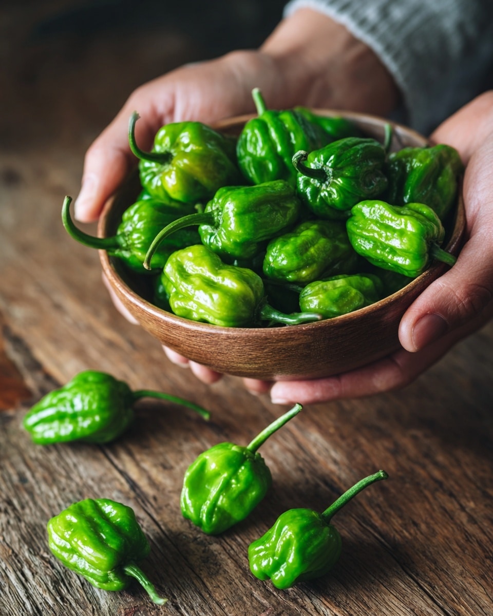 A woman’s hand holds a brown bowl filled with many shiny, bright green peppers with wrinkled skins and curved shapes, some with long green stems. More peppers are scattered loosely on a wooden surface below, showing their smooth, glossy texture. The background is softly blurred, focusing attention on the fresh, vibrant peppers. photo taken with an iphone --ar 4:5 --v 7
