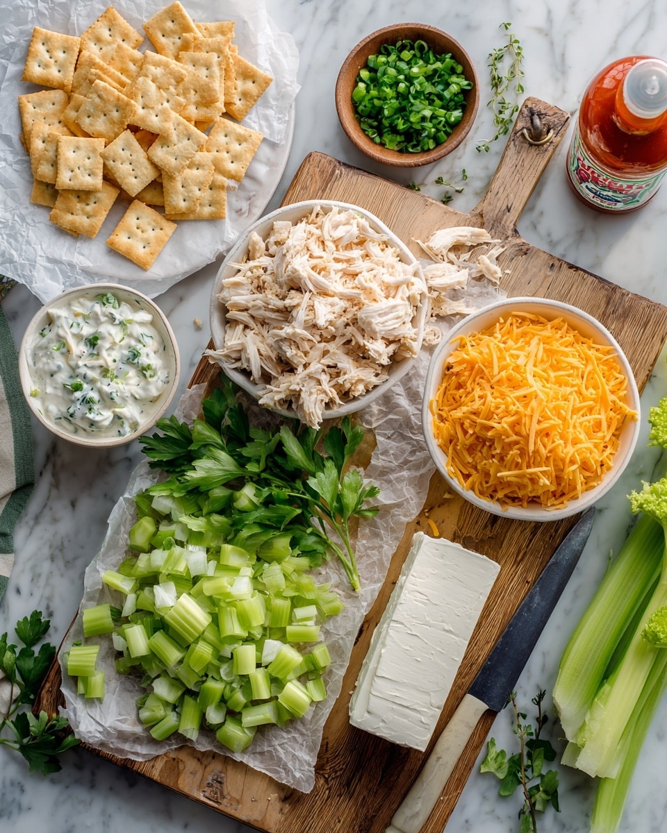 The image shows a wooden cutting board on a white marbled surface with small piles of chopped green celery, diced white onion, and celery stalks with leaves on the board. There are two white bowls on the board, one filled with shredded pale chicken and the other with bright orange shredded cheese. Beside the board, on crumpled parchment paper, is a white block of cream cheese. A sharp knife rests on the right edge of the cutting board. In the background, there is a plate of square crackers and a small wooden bowl holding white ranch-style dressing with green herbs sprinkled on top. A bottle of red hot sauce stands near the crackers. The scene is bright and well-lit with clear focus on the ingredients, photo taken with an iphone --ar 4:5 --v 7