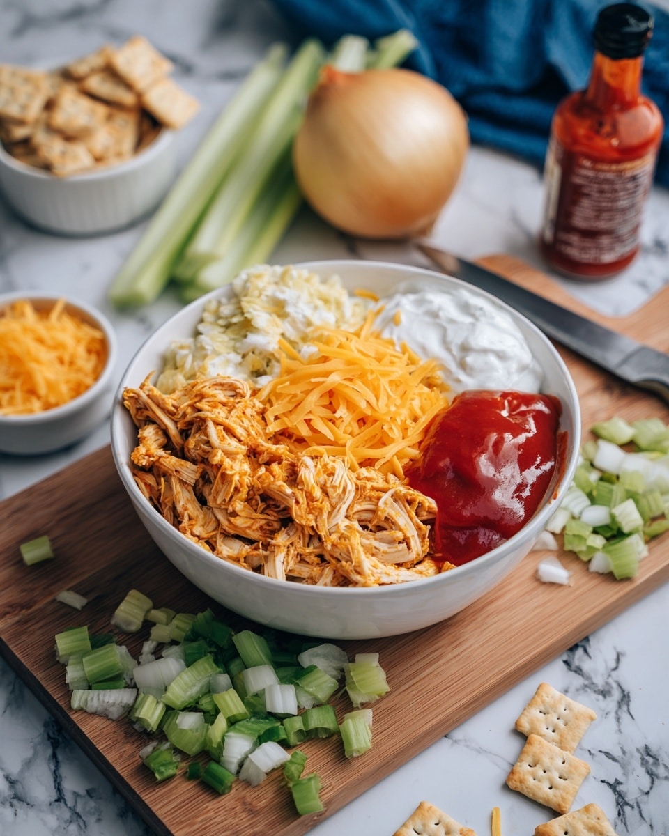 A white bowl with four main layers: shredded light beige chicken on the top left, bright orange cheddar cheese on the bottom right, smooth white sour cream on the top right, and bright red hot sauce on the bottom left. The bowl is placed on a wooden cutting board with chopped green celery and white onions scattered around. A whole yellow onion and two celery stalks lie on the board behind the bowl. To the left, there is a small white bowl with some shredded cheddar cheese inside and a red hot sauce bottle. The background is a white marbled surface with some scattered shredded cheese and a knife with a black handle. In the top background, blurry crackers are visible, resting on a blue cloth. Photo taken with an iphone --ar 4:5 --v 7